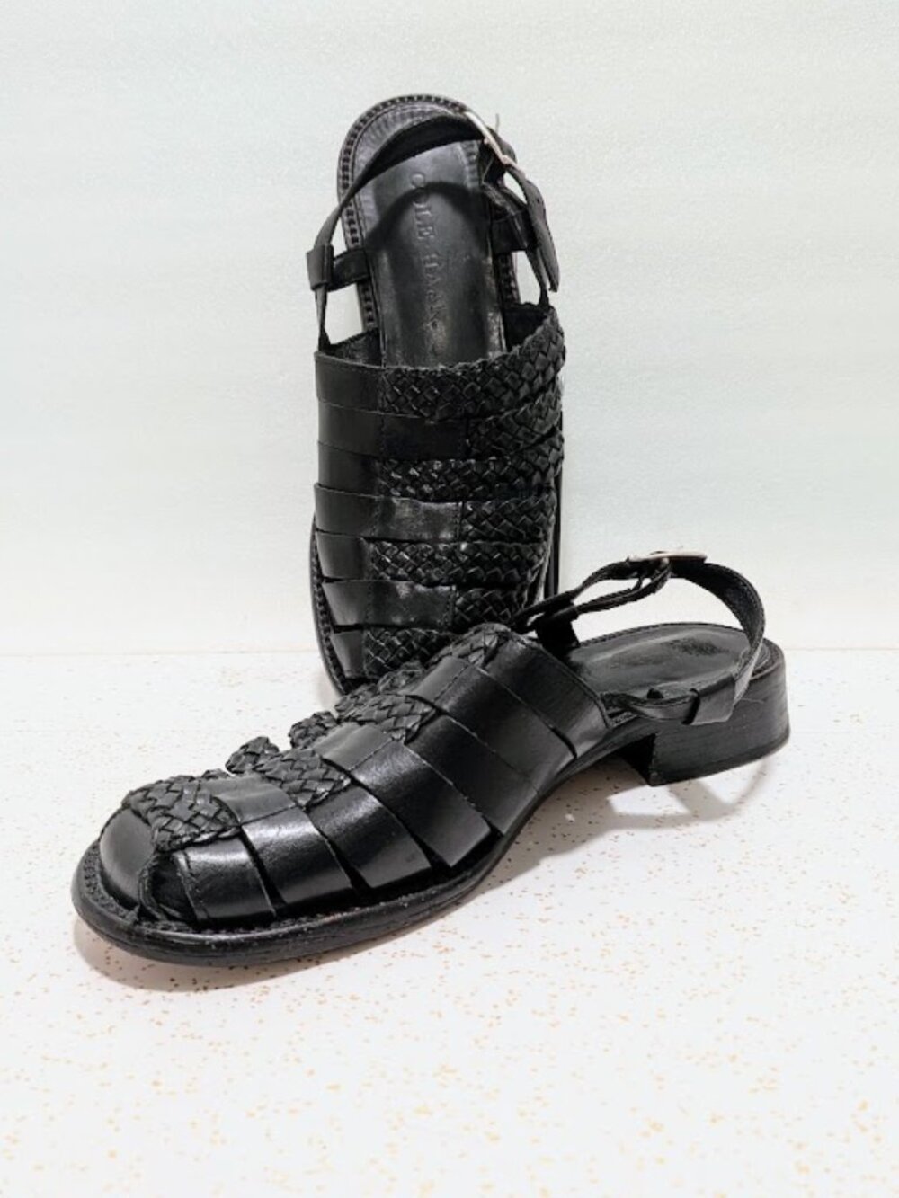 Vtg Cole Haan Woven Leather Fisherman Sandals Black Made in Italy 6.5 B